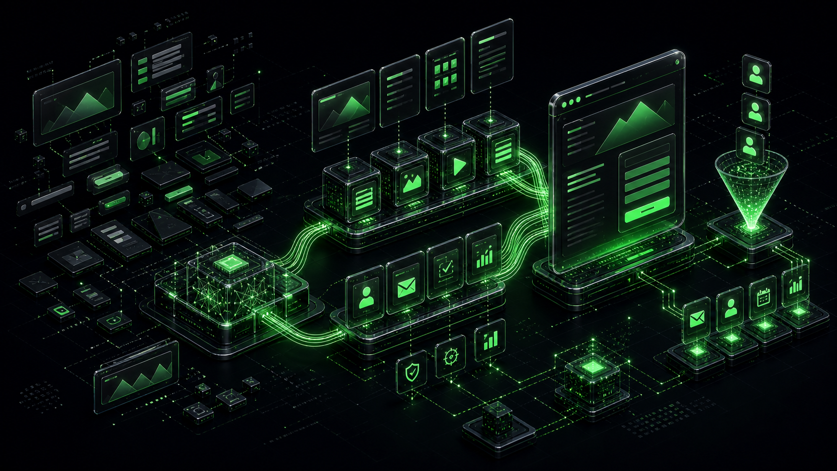 Isometric infrastructure cover for Best AI Landing Page Builders — High-Converting, No Code (2026)