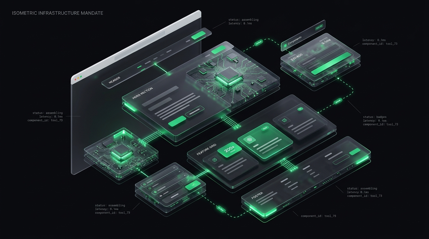 Glass infrastructure panels and neon-green routing layers in the Ultra Skills house style