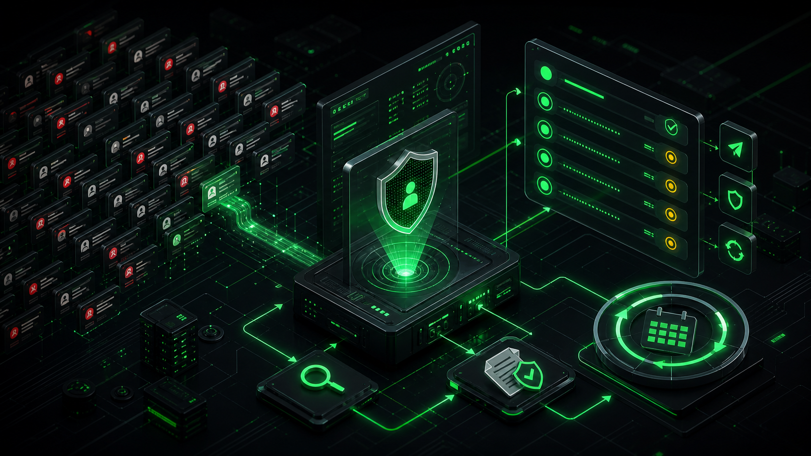 Dark isometric AI agent console scanning data broker profiles and tracking opt-out confirmations